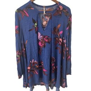 Free People Blue Floral Bella Tunic Top /Mini Dress Womens M Boho Festival